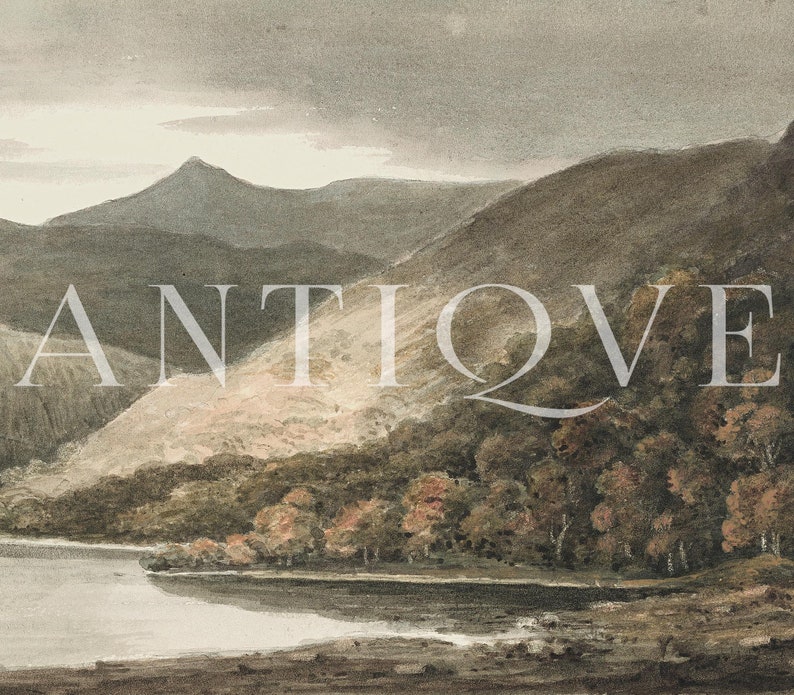 May include: A watercolour painting depicting a landscape scene with a lake, mountains, and trees. The sky is cloudy and the water is calm. The trees are a mix of green and brown, and the mountains are a dark grey.