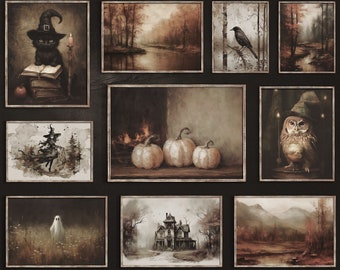 May include: A collection of nine framed vintage-style paintings with a Halloween theme. The paintings depict a black cat with a witch's hat, a forest scene with a river, a crow on a branch, a witch flying on a broomstick, pumpkins in front of a fireplace, an owl with a hat, a ghost in a field, a spooky house in the woods, and a mountain landscape.