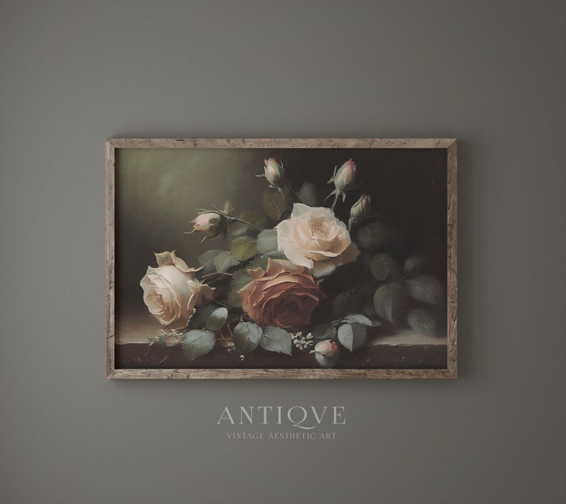 Moody Roses Still Life Oil Painting | Antique Floral Printable Wall Art ...