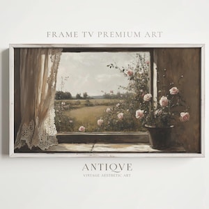 May include: A painting of a window with a view of a field of flowers. The window is framed in white and has a white lace curtain. A potted plant with pink flowers is in the foreground.