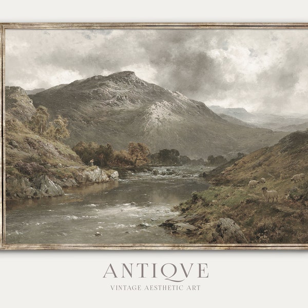 Scottish Highlands Oil Painting | Vintage Scotland Home Decor |  | Moody Rustic Landscape with Sheep by River | Digital Download | 742