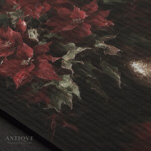 May include: A vintage painting of red poinsettia flowers with dark green leaves against a dark background. The painting has a textured, brushstroke effect.
