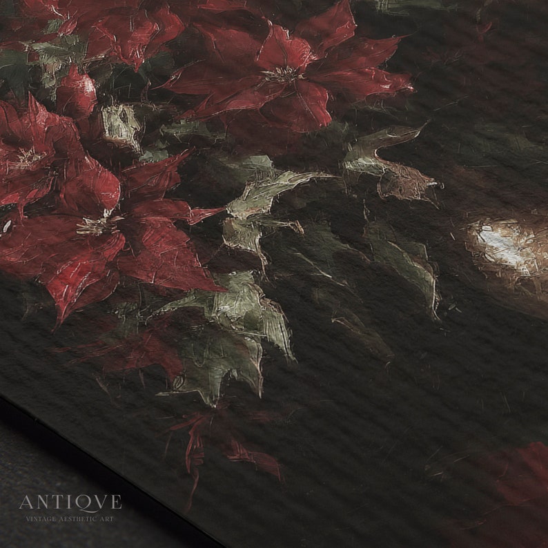 May include: A vintage painting of red poinsettia flowers with dark green leaves against a dark background. The painting has a textured, brushstroke effect.