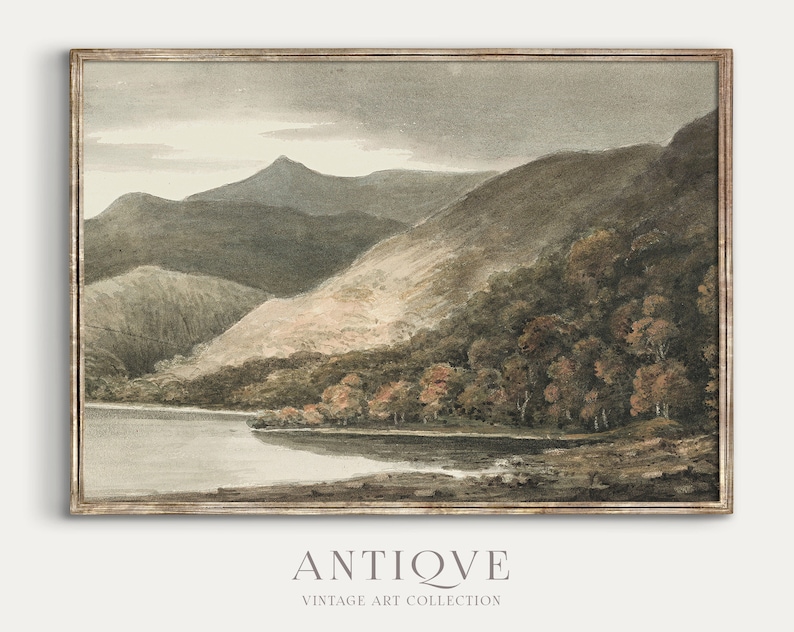 May include: A vintage watercolour painting depicting a mountainous landscape with a lake in the foreground. The mountains are a muted green and brown, and the lake is a pale blue. The sky is a light grey, with clouds in the distance.