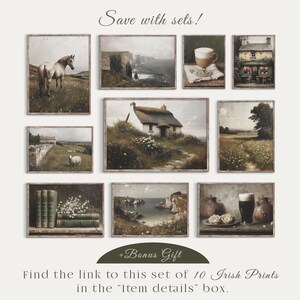 May include: Set of 10 Irish-themed prints featuring landscapes, cottages, animals, and a pub. The prints are in a rustic style with muted colours and a vintage feel. Save with sets! +Bonus Gift. Find the link to this set of 10 Irish Prints in the "Item details" box.