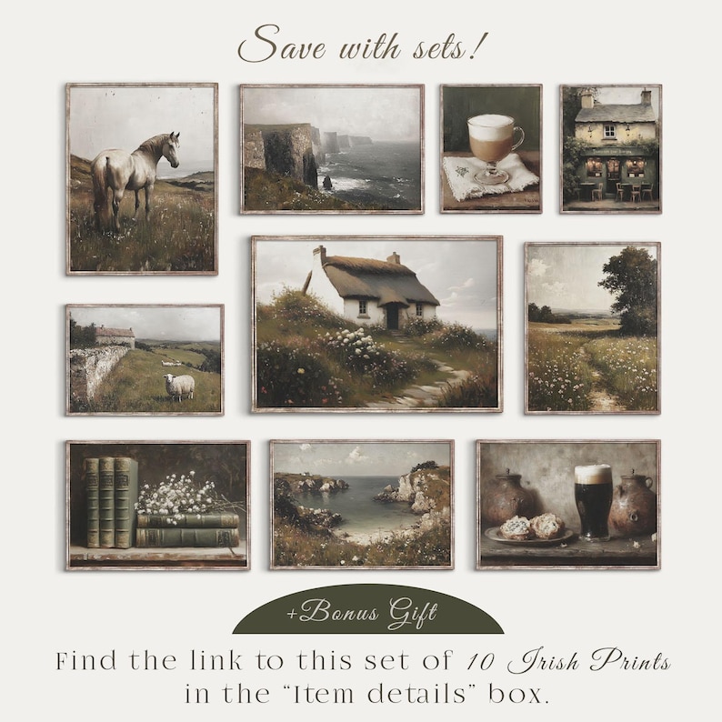 May include: Set of 10 Irish-themed prints featuring landscapes, cottages, animals, and a pub. The prints are in a rustic style with muted colours and a vintage feel. Save with sets! +Bonus Gift. Find the link to this set of 10 Irish Prints in the "Item details" box.