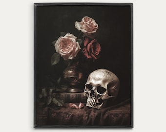 May include: A still life featuring a human skull, a vase of pink and red roses, and an old book. The skull is resting on a dark red cloth, and the roses are in a brass vase. The book is open, and the pages are visible. The image is dark and moody, with a vintage aesthetic.