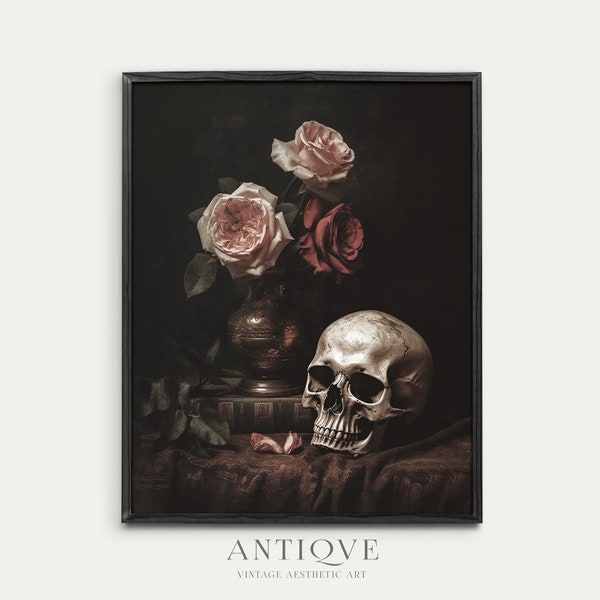 Moody Still Life Painting of a Skull and Roses | Goth Decor | Halloween Art | Digital Download | 944