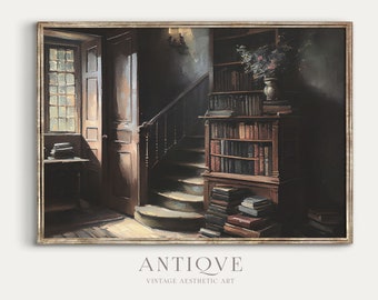 Moody Victorian Staircase With Books and Flowers Oil Painting | Dark Vintage Bookish Print | British Printable Art | Digital Download | 688