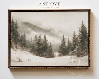 May include: Vintage aesthetic art print of a snowy mountain landscape. The sepia-toned artwork features evergreen trees, a snow-covered ground, and a misty sky. The framed print has a gold-colored ornate frame. The text "ANTIOVE VINTAGE AESTHETIC ART" is at the top.