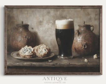 Pint of Guinness and Garlic Bread Printable Art | Irish Food & Drink Print | Traditional Pub Decor | 2796_H