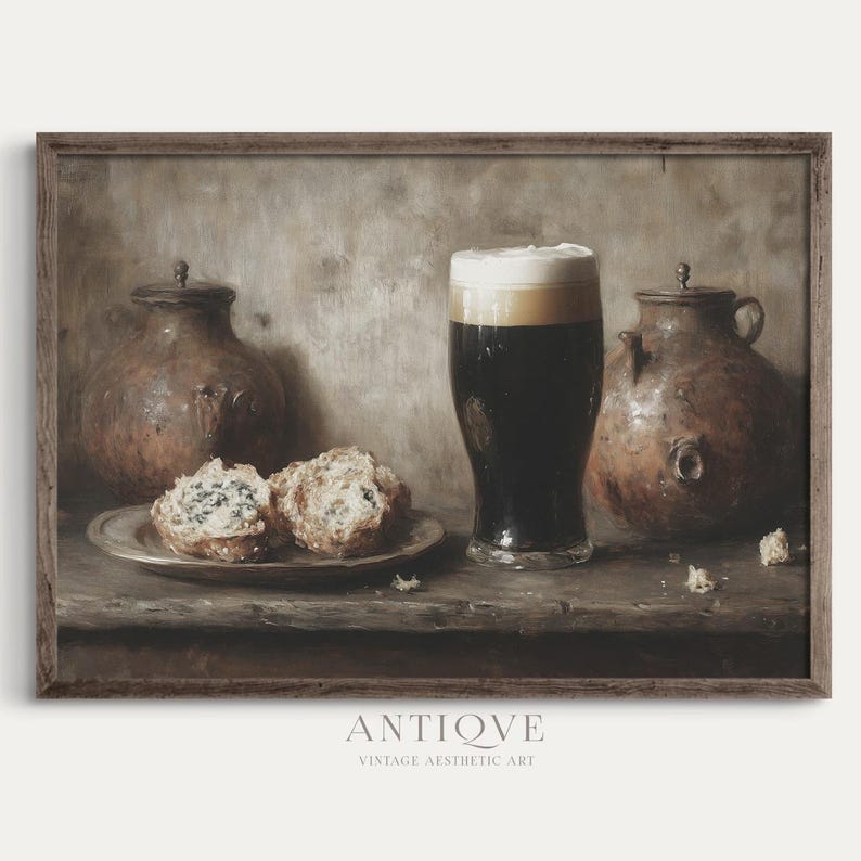 May include: A still life painting depicting a glass of dark beer, two brown ceramic jugs, and two pastries on a wooden table. The painting has a vintage aesthetic.