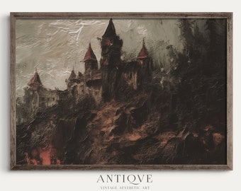 Dark Oil Painting of Castle on Fire Cliff | Halloween Printable Decor | Dracula Castle Printable | Digital Download | 916