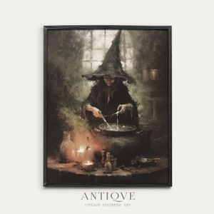 Witch Making Potions in her Cauldron | Mysterious Halloween Oil Painting | Witchy Decor Art | Digital Download | 968