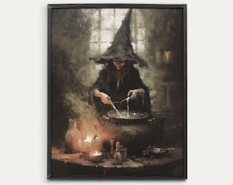 Witch Making Potions in her Cauldron | Mysterious Halloween Oil Painting | Witchy Decor Art | Digital Download | 968