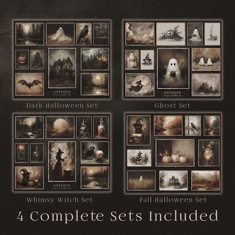 May include: Four sets of antique-style Halloween art prints are displayed. The sets include Dark Halloween, Ghost, Whimsy Witch, and Fall Halloween themes. Each set features multiple framed images with dark, vintage aesthetics, including images of ghosts, witches, and pumpkins.