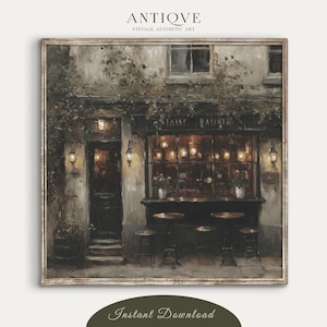 May include: A painting of a quaint Parisian cafe with a dark green door, a window with the words "LAVY RAURI" above it, and a few tables and chairs outside. The cafe is lit by warm, yellow lights, creating a cozy atmosphere.