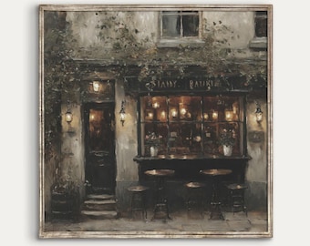 May include: A painting of a quaint Parisian cafe with a dark green door, a window with the words "LAVY RAURI" above it, and a few tables and chairs outside. The cafe is lit by warm, yellow lights, creating a cozy atmosphere.