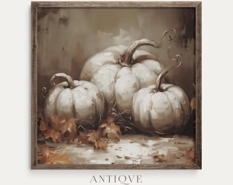 Pintura de natureza morta de abóbora branca | Arte de parede para impressão de outono sombrio | Decoração vintage de Halloween | 2842_H