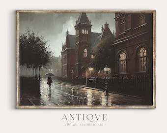 Moody Rainy Victorian City Street | Dark Umbrella in the Rain Oil Painting | Moody English Printable Art | Digital Download | 685
