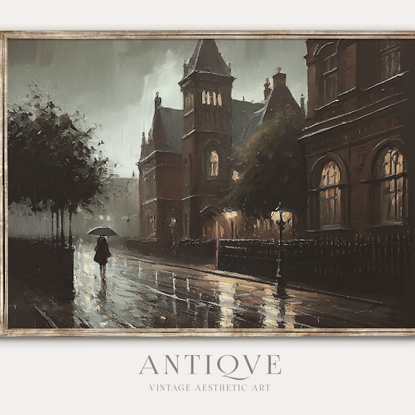 Moody Rainy Victorian City Street | Dark Umbrella in the Rain Oil Painting | Moody English Printable Art | Digital Download | 685