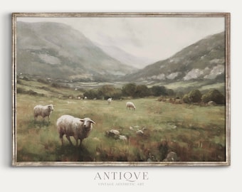 May include: A painting depicting a green valley with rolling hills and a flock of white sheep grazing in a field. The sky is a soft grey with hints of blue. The painting has a vintage aesthetic.
