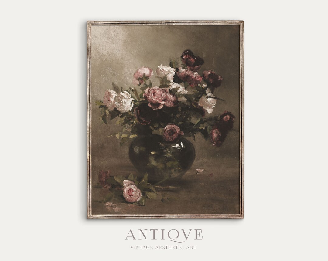 Moody Vintage Still Life | White Red and Pink Roses in Vase Oil ...