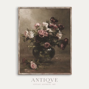 Moody Vintage Still Life | White Red and Pink Roses in Vase Oil Painting | Spring Vintage Printable Wall Art | Digital Download | 769