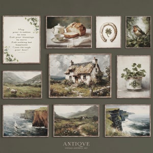 Puede incluir: Una colección de nueve estampas vintage enmarcadas que representan paisajes irlandeses, una cabaña, una herradura con un trébol de cuatro hojas, un petirrojo, una oveja, una hogaza de pan, una tetera, una taza y un platillo, y una planta en maceta. Las estampas son todas de estilo rústico y tienen una estética vintage.