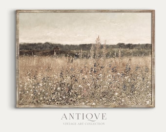 Könnte beinhalten: Ein Vintage-Gemälde, das ein Feld mit Wildblumen in Braun-, Grün- und Blautönen zeigt. Das Gemälde ist in einem hellbraunen Rahmen gerahmt.