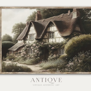 English Thatched Cottage with Roses | Printable Wall Art | English Cottage Painting | Cottagecore Decor | Printable Download | 660
