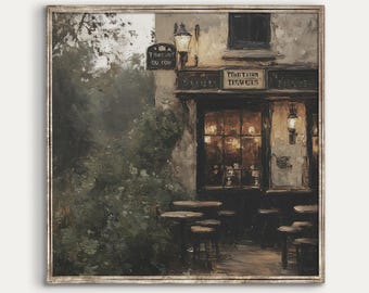 May include: A vintage painting of a cafe with a sign that reads "The Art Of Tea" and another sign that reads "The Little Things". The cafe has a large window with a view of the street. There are tables and chairs outside the cafe, and the scene is lit by a street lamp.