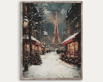 Konsttryck med vinternatt i Paris | Snötäckt Eiffeltorn | Juldekorationer | Digital nedladdning | 2023_V