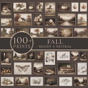 May include: A collection of over 100 digital art prints featuring fall-themed imagery in moody, neutral tones. The display includes landscapes, pumpkins, botanical sketches, and wildlife, with text overlay reading 100+ PRINTS FALL MOODY & NEUTRAL.