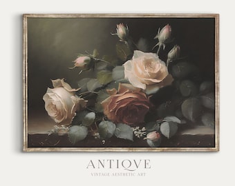 May include: An antique-style framed print featuring a still life of roses. The roses are in shades of cream, peach, and deep red, with green leaves. The print has a dark background and the text "ANTIQUE VINTAGE AESTHETIC ART" at the bottom.