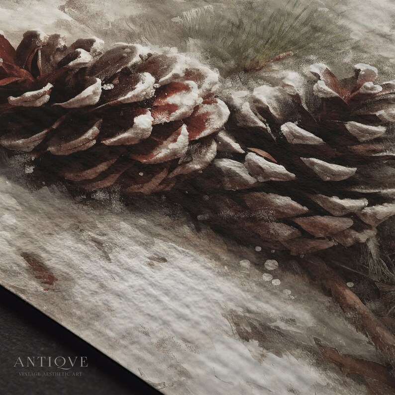 May include: A close-up of a pine cone covered in snow. The cone is brown and has a rough texture. The snow is white and fluffy. The background is blurred and out of focus.