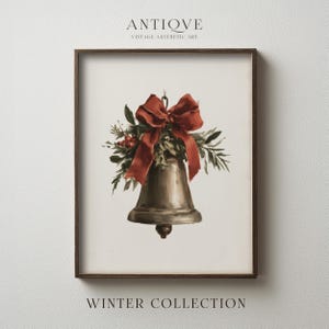 Christmas Bell with Red Bow Print | Vintage Cottage Decor | Printable Digital Download | 4533
