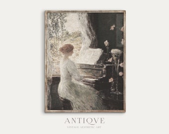 Pintura al óleo impresionista / Arte floral con niña tocando el piano / Decoración vintage elegante / Descarga digital imprimible / 816
