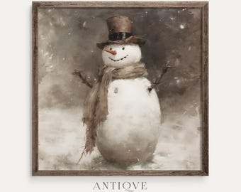 Cuadro de muñeco de nieve invernal CUADRADO / Hombre de nieve / Decoración navideña rústica / Casa de campo / Descarga digital / 1050_SQ