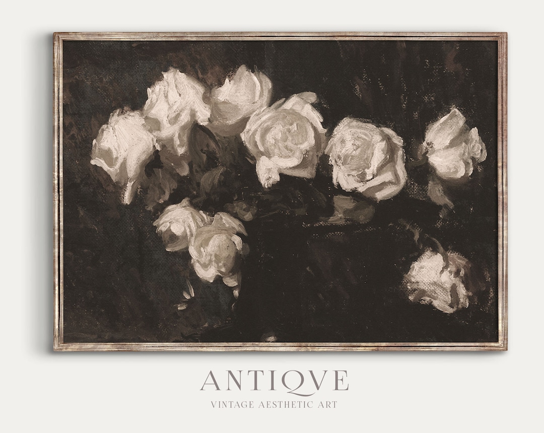 Dark Still Life Oil Painting | Vintage Elegant White Roses | Floral ...