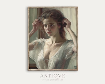 Moody Painting of Woman Looking in the Mirror in Bathroom | Antique Artwork Printable Art | Bath Tub Wall Decor | Digital Download | 704