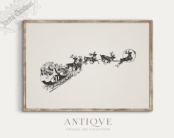 Santa on his Sleigh with Raindeers and Presents Print | Vintage Christmas Printable Art | Digital Download | 590
