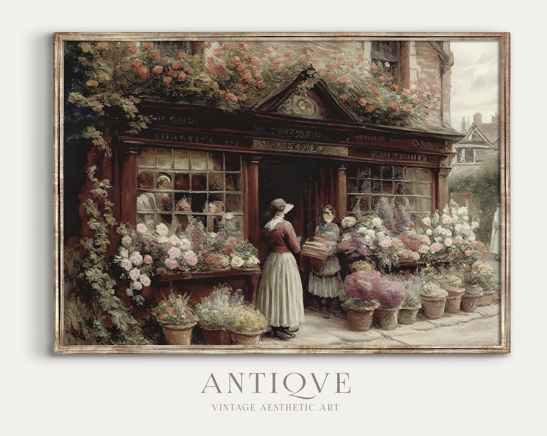 Vintage British Village Flower Shop Oil Painting Art Florists Wall Art