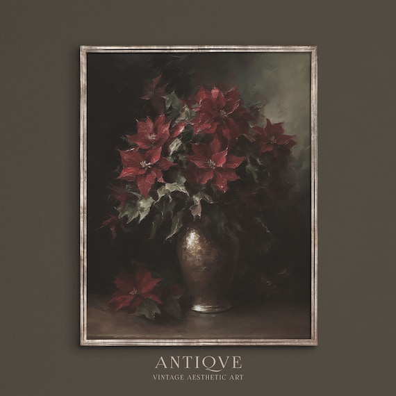 Poinsettia Painting | Moody Christmas Printable Art | Vintage Christmas Decor | Digital Download | 1066