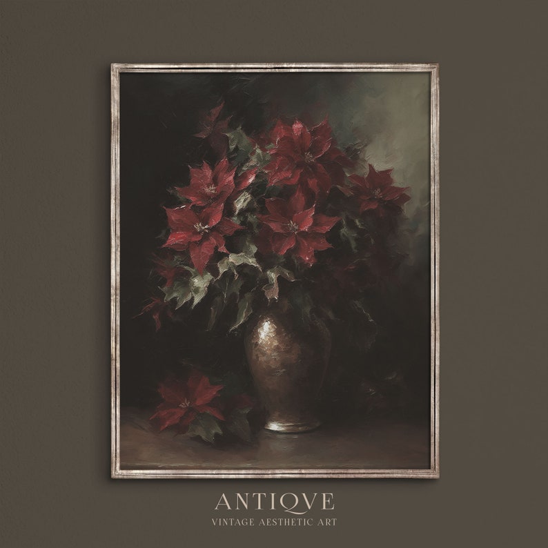 May include: A vintage painting of a bouquet of red poinsettias in a copper vase. The painting is framed in a silver frame and has the text "ANTIQUE" and "VINTAGE AESTHETIC ART" below the image.