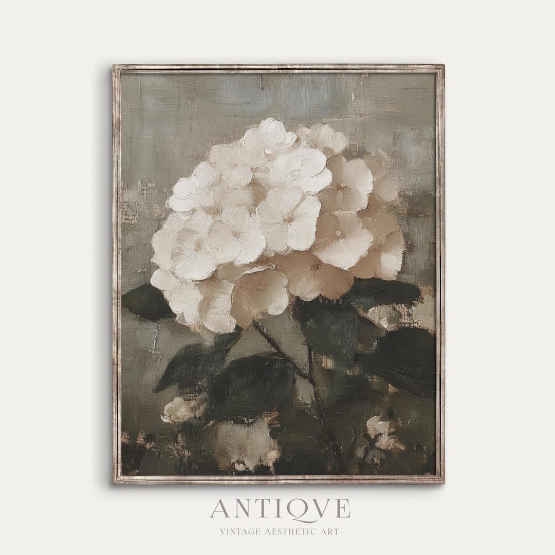 Cream Hydrangea Painting | Vintage Floral Print | Muted Colors Wall Art ...