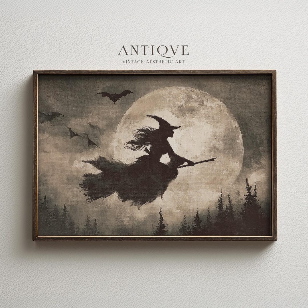 Witch Flying on Broom Over Moon Print | Halloween Print | Rustic Moon ...