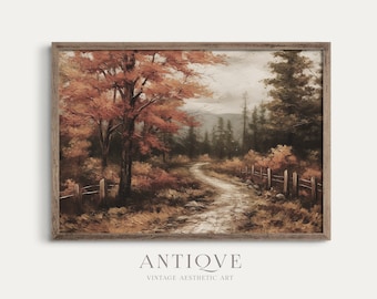 May include: A framed painting of a forest path in autumn. The path winds through the trees, with a fence on the right side. The leaves on the trees are a mix of orange, red, and yellow.