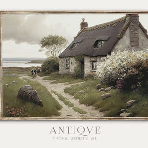 Irish Cottage by the Sea with Cows Painting | Ireland Home Decor | Elegant Irish Printable Landscape | Digital Download | 681