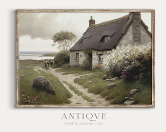 Irish Cottage by the Sea with Cows Painting | Ireland Home Decor | Elegant Irish Printable Landscape | Digital Download | 681